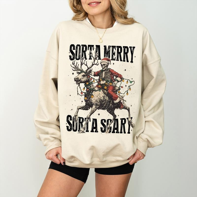Sorta Merry Scary Skeleton Xmas Spooky Her - Adult & Kids T-Shirts, Sweatshirts & Hoodies apparel design preview 1