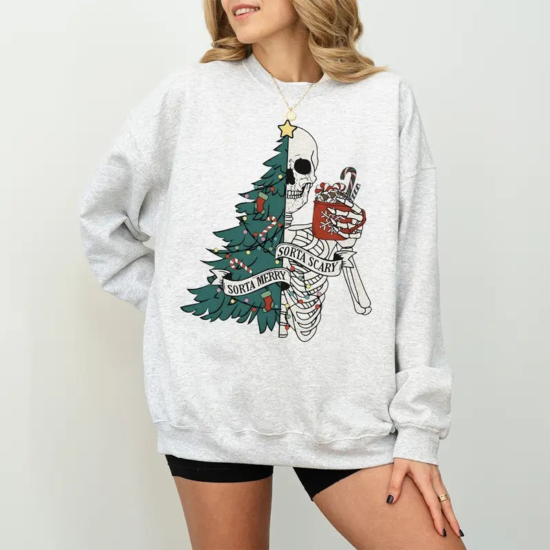 Sorta Merry Scary Skeleton Festive Funny Xmas Ugly - Adult & Kids T-Shirts, Sweatshirts & Hoodies apparel design preview 1