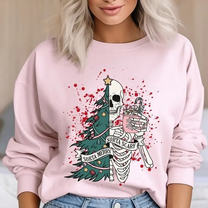 Sorta Merry Scary Funny Skeleton Cute Spooky Season - Adult & Kids T-Shirts, Sweatshirts & Hoodies apparel design preview 1