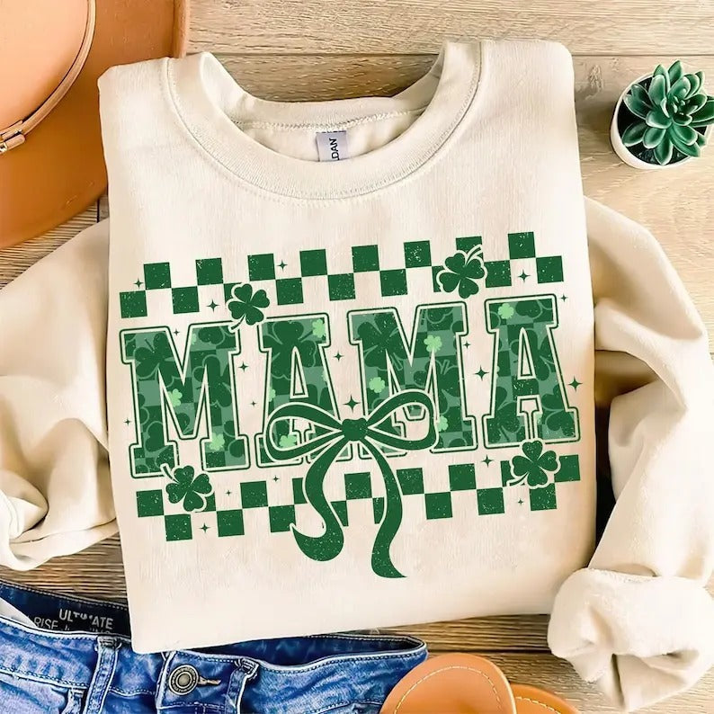 St Patricks Day Mama Varsity Shamrock Coquette Bow - Adult & Kids T-Shirts, Sweatshirts & Hoodies apparel design preview 1