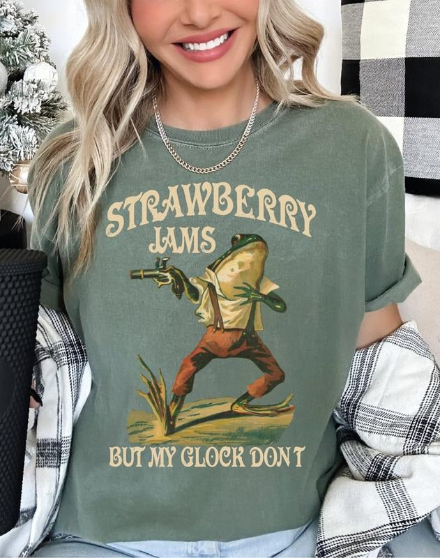 Strawberry Jams But My Glock Don' Funny Frog Meme - Adult & Kids T-Shirts, Sweatshirts & Hoodies apparel design preview 1