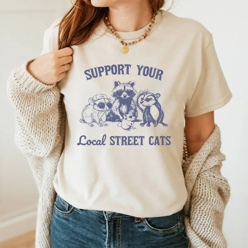 Support Your Local Street Cats Retro Funny Trash - Adult & Kids T-Shirts, Sweatshirts & Hoodies apparel design preview 1