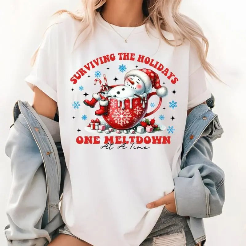 Surviving Holidays One Meltdown Time Cute Snowman - Adult & Kids T-Shirts, Sweatshirts & Hoodies apparel design preview 1