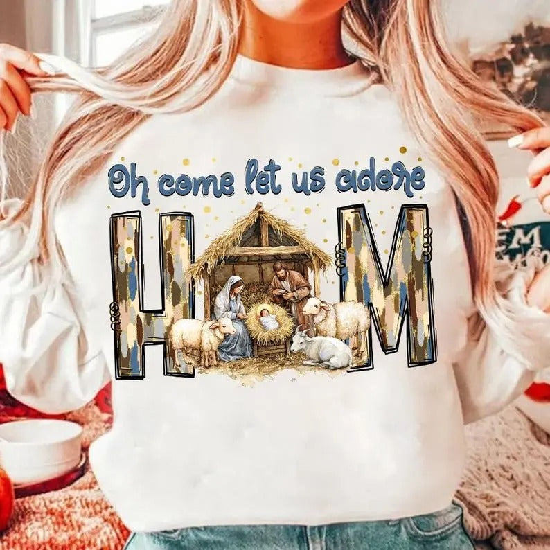 Nativity Scene Oh Come Let Us Adore Him Coquette - Adult & Kids T-Shirts, Sweatshirts & Hoodies apparel design preview 1