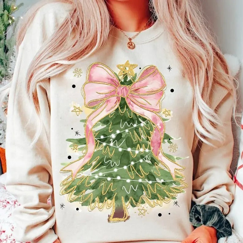Coquette Glitter Tree Merry Bow Cotton Womenswear - Adult & Kids T-Shirts, Sweatshirts & Hoodies apparel design preview 1