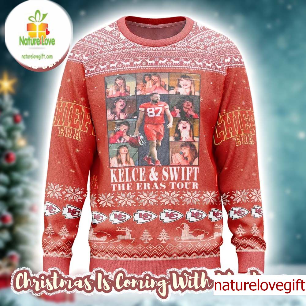 Taylor Swift With Travis Kelce the Kansas City Chiefs x The Eras Tour Knitted Red Ugly Christmas Sweater - Holiday Gift product image