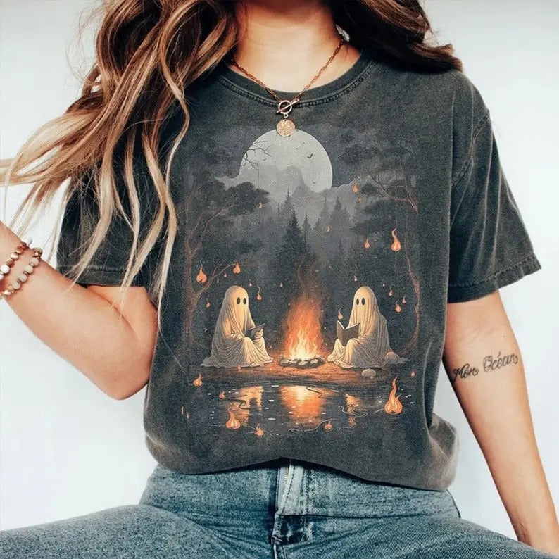 Teacher Halloween Comfort Colors Ghost Book Reading - Adult & Kids T-Shirts, Sweatshirts & Hoodies apparel design preview 1