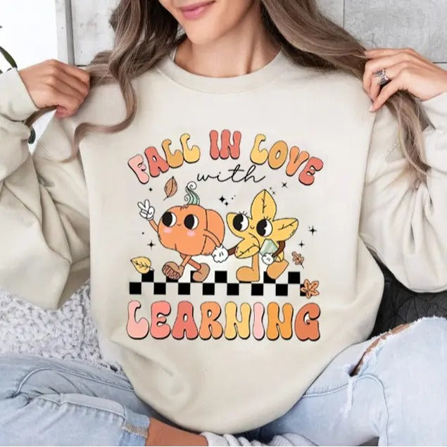 Teacher Fall Love Learning Pumpkin Retro All Sizes - Adult & Kids T-Shirts, Sweatshirts & Hoodies apparel design preview 1