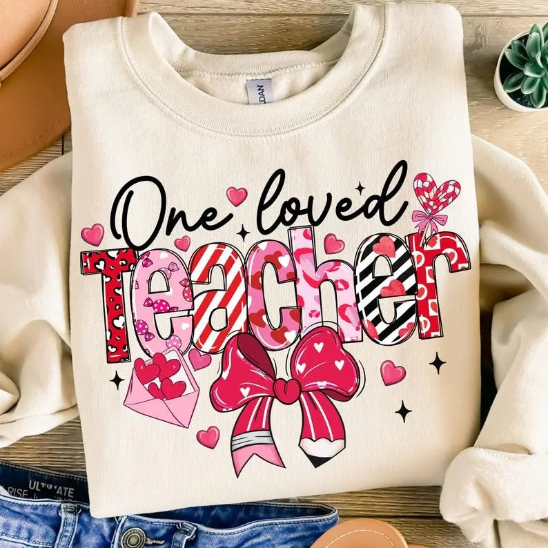 Teacher Valentine Loved Coquette Bow Retro - Adult & Kids T-Shirts, Sweatshirts & Hoodies apparel design preview 1