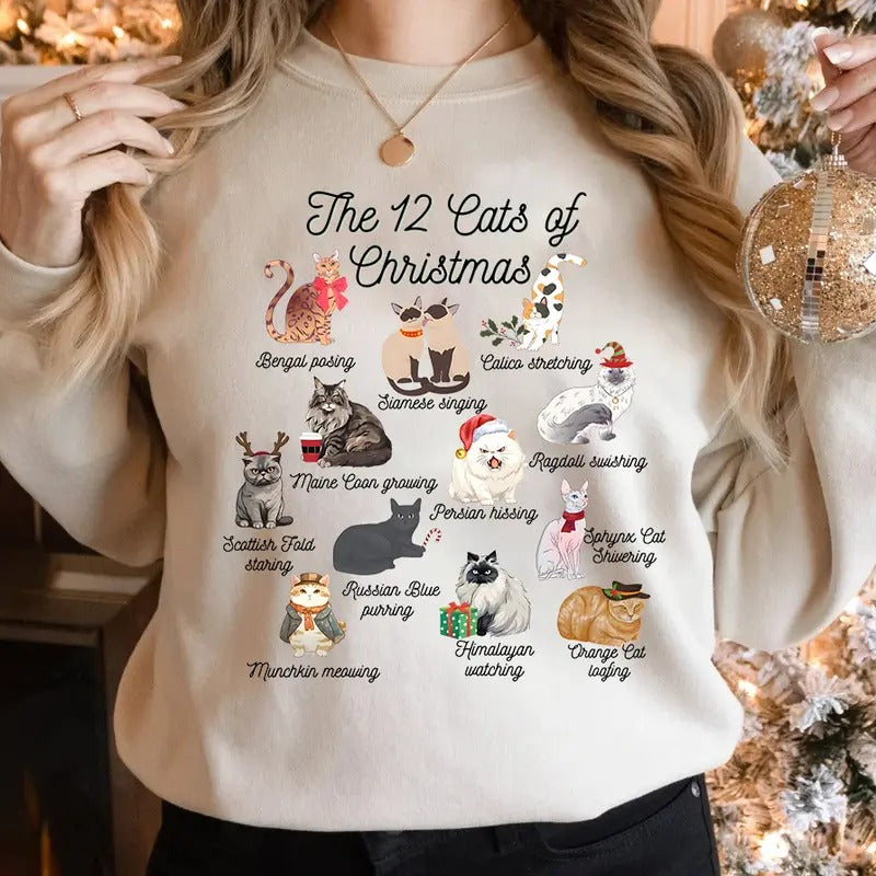 12 Cats Cute Cat Mom Xmas Lover Owner - Adult & Kids T-Shirts, Sweatshirts & Hoodies apparel design preview 1