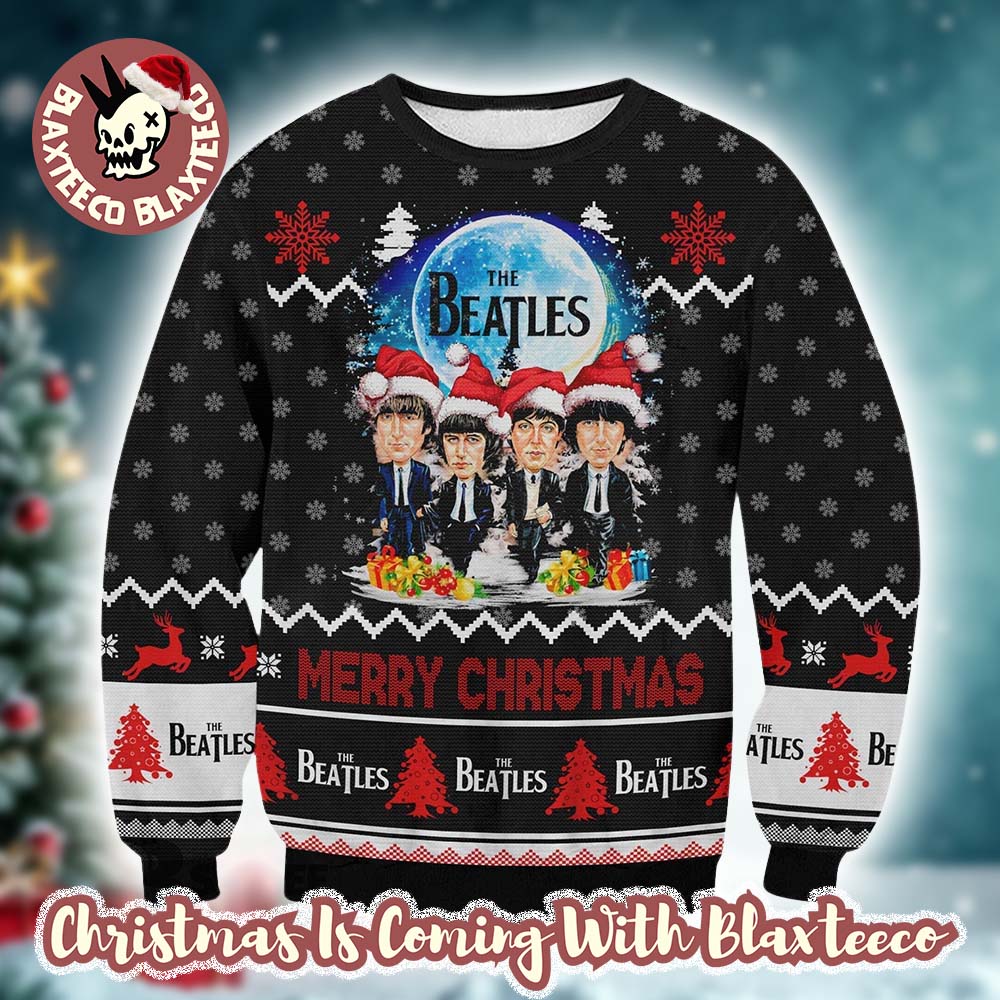 The Beatles Band Funny Members With Santa Hats Under The Moon Merry Ugly Christmas Sweater - Holiday Gift product image