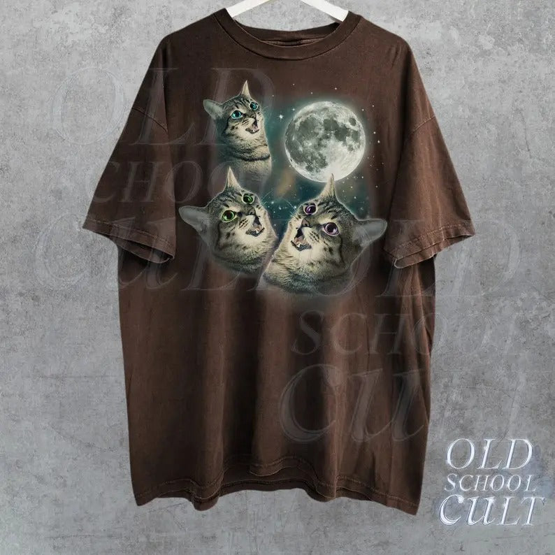Three Cats Vintage 90s Retro Cat Moon Kitten Lovers - Adult & Kids T-Shirts, Sweatshirts & Hoodies apparel design preview 1