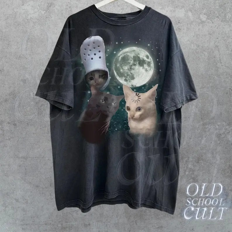 Three Cats Vintage Retro Cat Moon Lovers Funny Washed - Adult & Kids T-Shirts, Sweatshirts & Hoodies apparel design preview 1