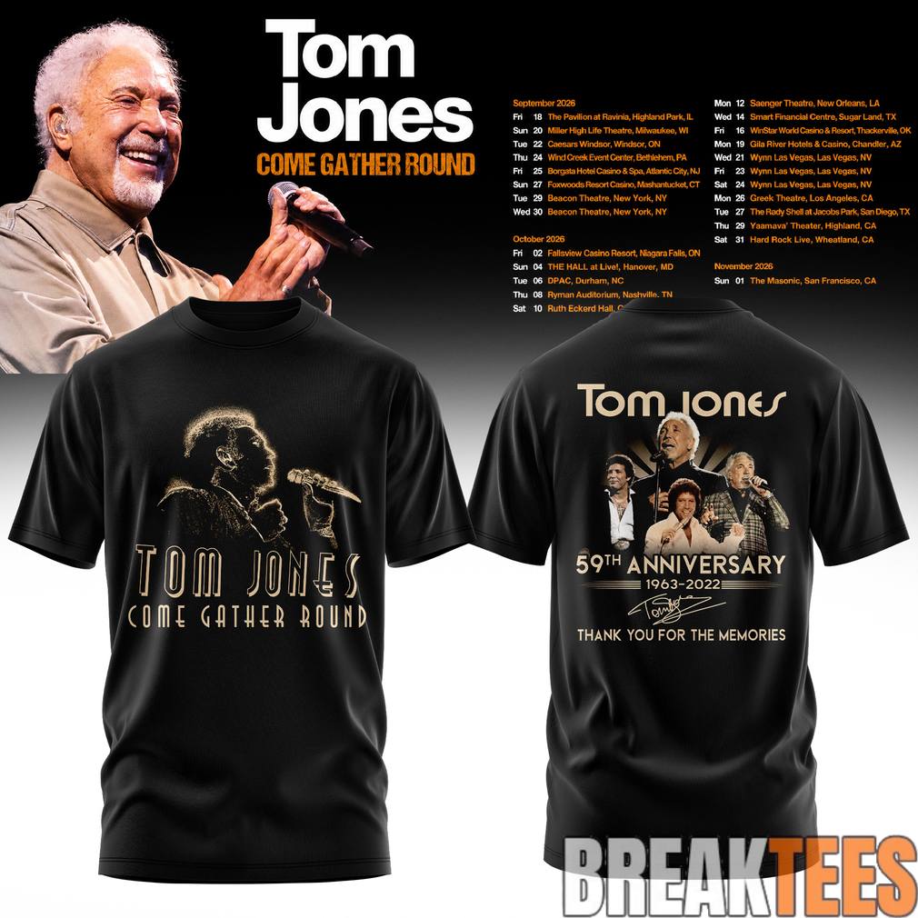 Tom Jones Come Gather Round Tour 2026 59th - Adult & Kids T-Shirts, Sweatshirts & Hoodies apparel design preview 1