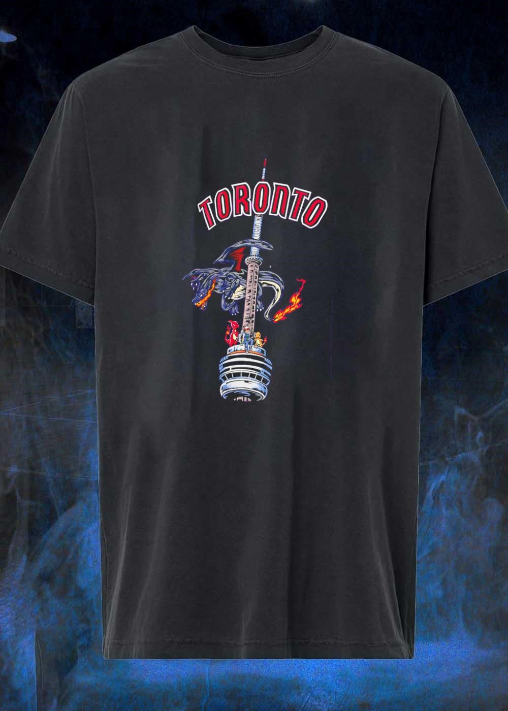 Toronto Ash and Charizard Resting on CN Tower - Adult & Kids T-Shirts, Sweatshirts & Hoodies apparel design preview 1