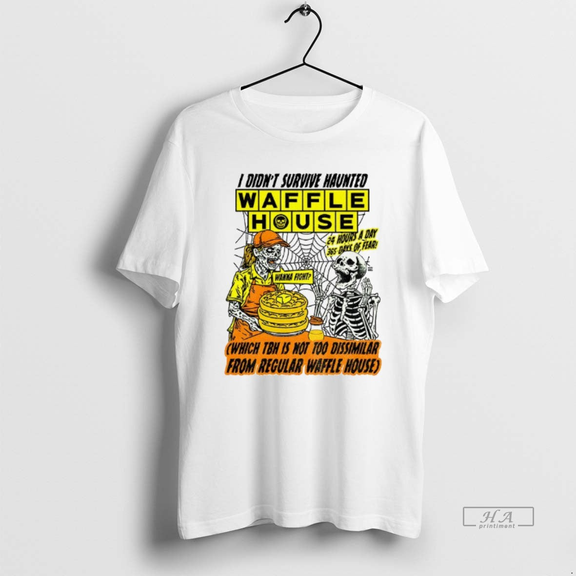 Trendy Skeleton I Didnt Survive Haunted Waffle House - Adult & Kids T-Shirts, Sweatshirts & Hoodies apparel design preview 1