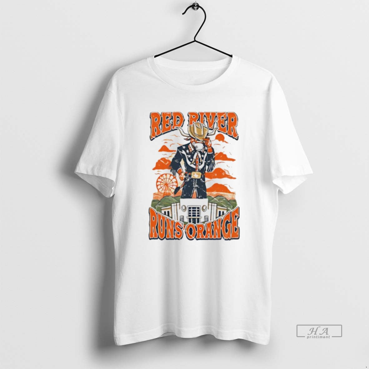 Trendy Texas Longhorns Red River Runs Orange Mascot - Adult & Kids T-Shirts, Sweatshirts & Hoodies apparel design preview 1