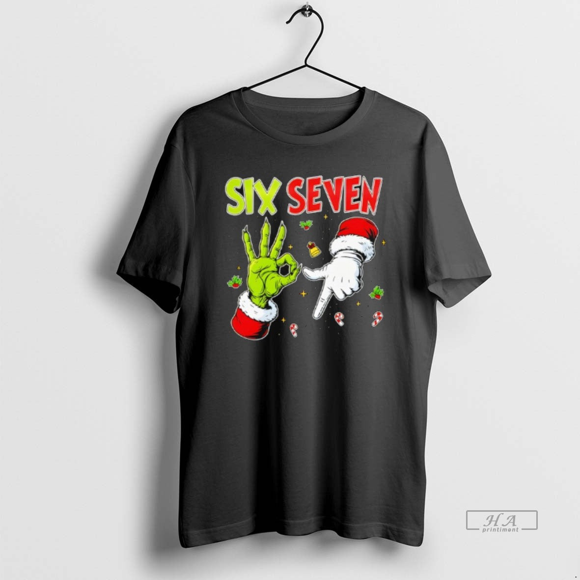 Trendy The Grinch And Santa Hands Six Seven Christmas - Adult & Kids T-Shirts, Sweatshirts & Hoodies apparel design preview 1