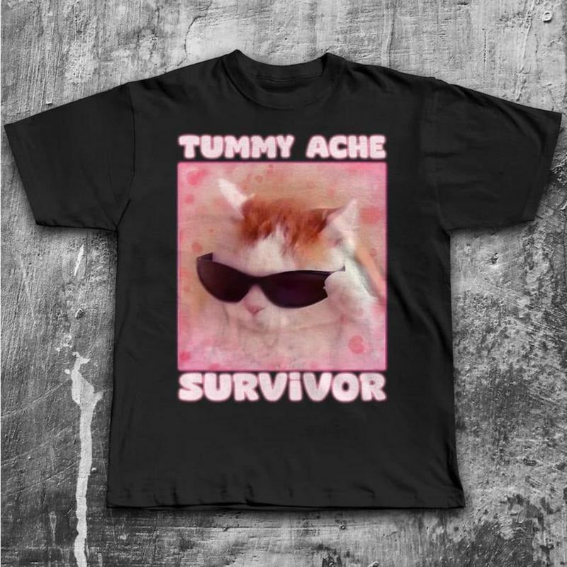 Tummy Ache Survivor Funny Cat Meme Woman Goofy Ahh - Adult & Kids T-Shirts, Sweatshirts & Hoodies apparel design preview 1