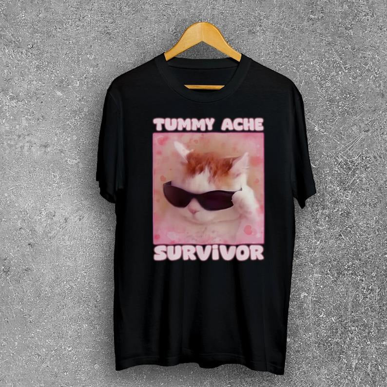 Tummy Ache Survivor Funny Cat Meme Woman Goofy Ahh - Adult & Kids T-Shirts, Sweatshirts & Hoodies apparel design preview 1