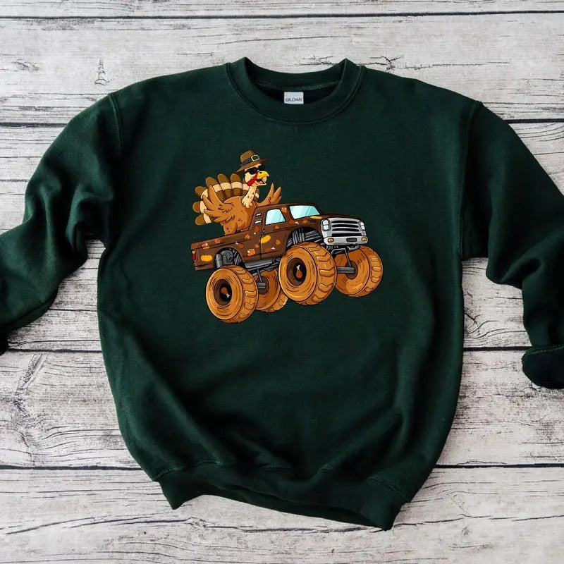 Turkey Riding Monster Truck Thanksgiving Funny Day - Adult & Kids T-Shirts, Sweatshirts & Hoodies apparel design preview 1