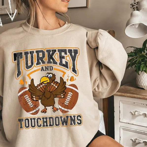 Turkey Touchdowns Thanksgiving Football Mom Cotton - Adult & Kids T-Shirts, Sweatshirts & Hoodies apparel design preview 1