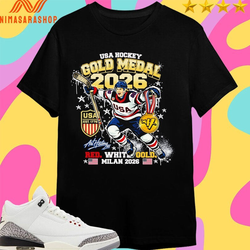USA Gold Medal 2026 Red White Milan Hockey American - Adult & Kids T-Shirts, Sweatshirts & Hoodies apparel design preview 1