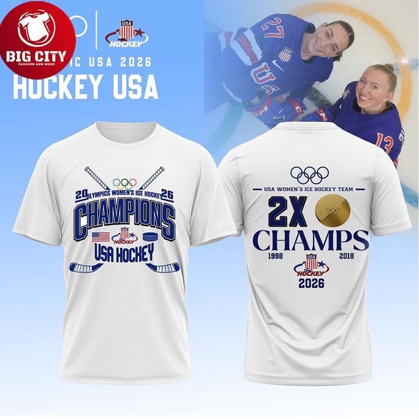 USA Hockey 2026 Olympic Women Ice 2X Champs 3Two - Adult & Kids T-Shirts, Sweatshirts & Hoodies apparel design preview 1