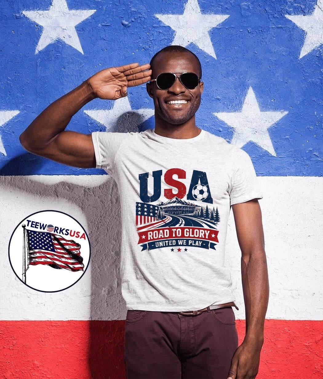 USA Road to Glory United We Play Soccer - Adult & Kids T-Shirts, Sweatshirts & Hoodies apparel design preview 1