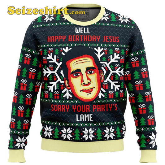 V Neck Happy Birthday Jesus Funny The Office Ugly Christmas Sweater - Gift Idea product image
