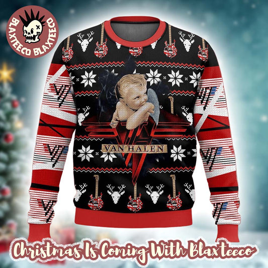 Van Halen 1984 Baby Angel Album Cover Art With Signature Guitar Pattern Knitted Ugly Christmas Sweater - Holiday Gift product image