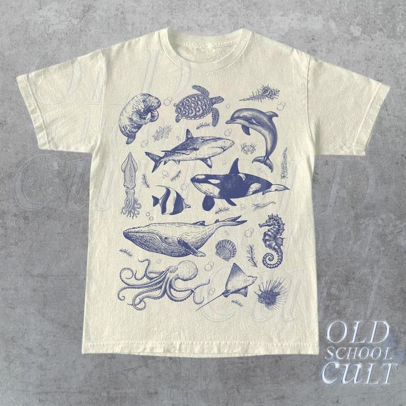 Vintage 90s Tattoo Sea Animal Retro Ocean Nature - Adult & Kids T-Shirts, Sweatshirts & Hoodies apparel design preview 1