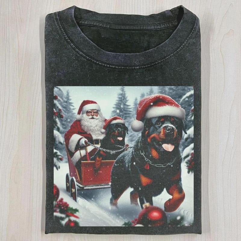 Vintage Acid Rottweiler Santa Sleigh Dog Unique - Adult & Kids T-Shirts, Sweatshirts & Hoodies apparel design preview 1