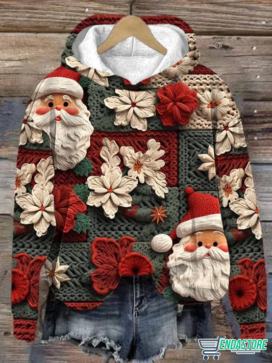 Vintage Christmas Red Fabric Santa Print Sweatshirt 3D Christmas Sweater - Holiday Gift product image