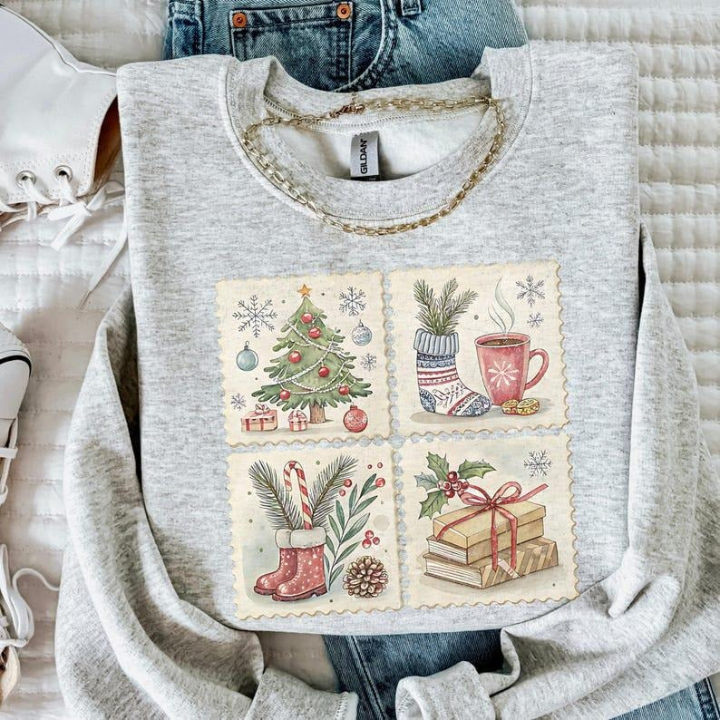 Vintage Stamps Retro Winter Postal Books Tree Cocoa - Adult & Kids T-Shirts, Sweatshirts & Hoodies apparel design preview 1