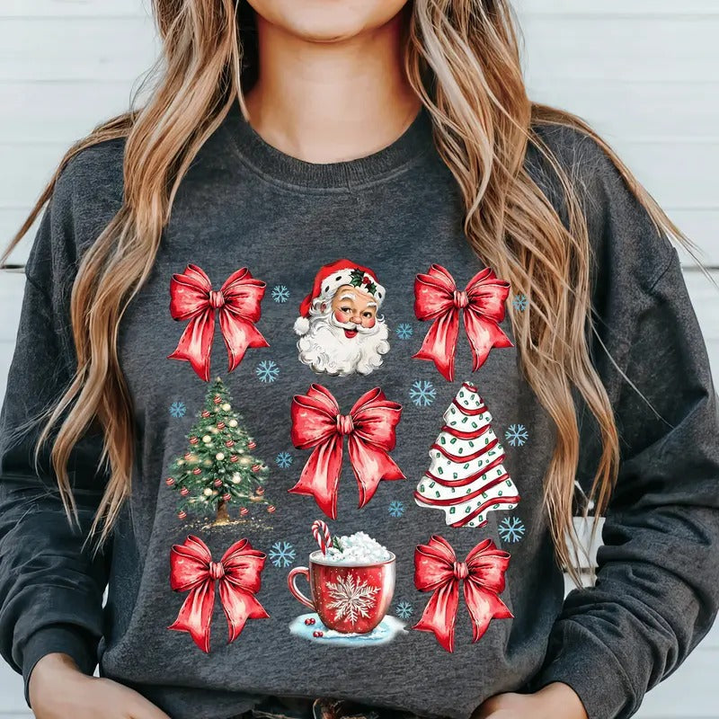 Vintage Coquette Santa Hot Cocoa Bows. Casual - Adult & Kids T-Shirts, Sweatshirts & Hoodies apparel design preview 1