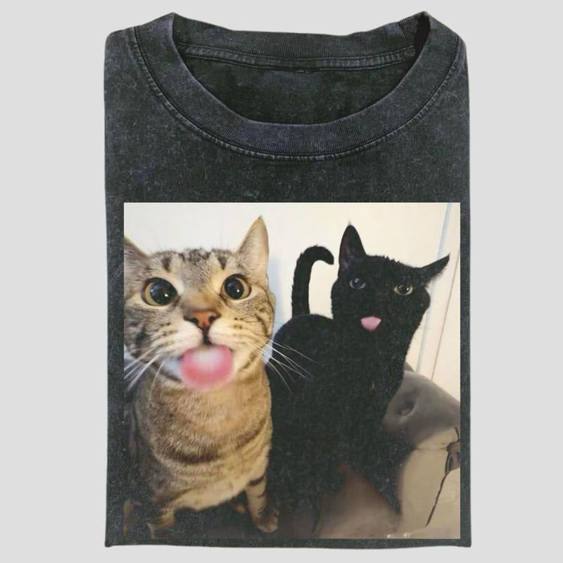 Vintage Funny Couple Cats Tongue Out Meme Cute Pet - Adult & Kids T-Shirts, Sweatshirts & Hoodies apparel design preview 1
