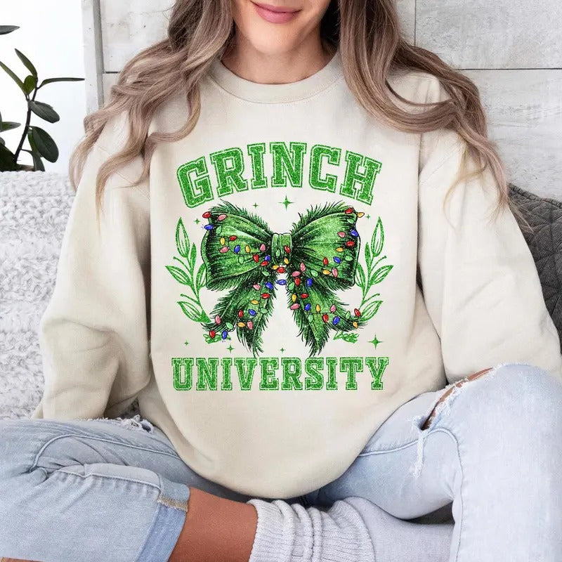 Vintage Grnchmas Coquette Bow Green Lights Grinnch - Adult & Kids T-Shirts, Sweatshirts & Hoodies apparel design preview 1