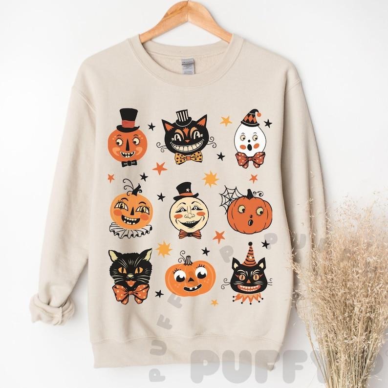 Vintage Halloween Cute Black Cat Primitive Pumpkin - Adult & Kids T-Shirts, Sweatshirts & Hoodies apparel design preview 1