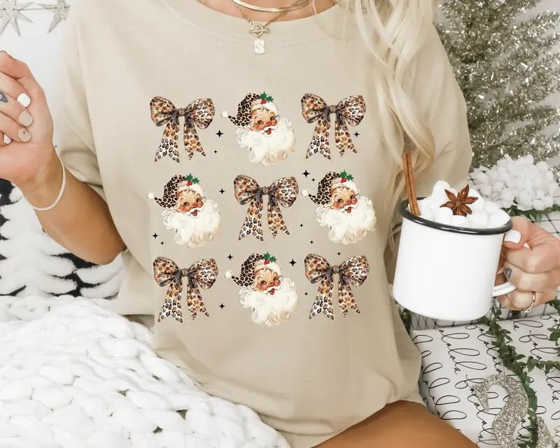 Vintage Leopard Santa Coquette Bows Casual Winter - Adult & Kids T-Shirts, Sweatshirts & Hoodies apparel design preview 1