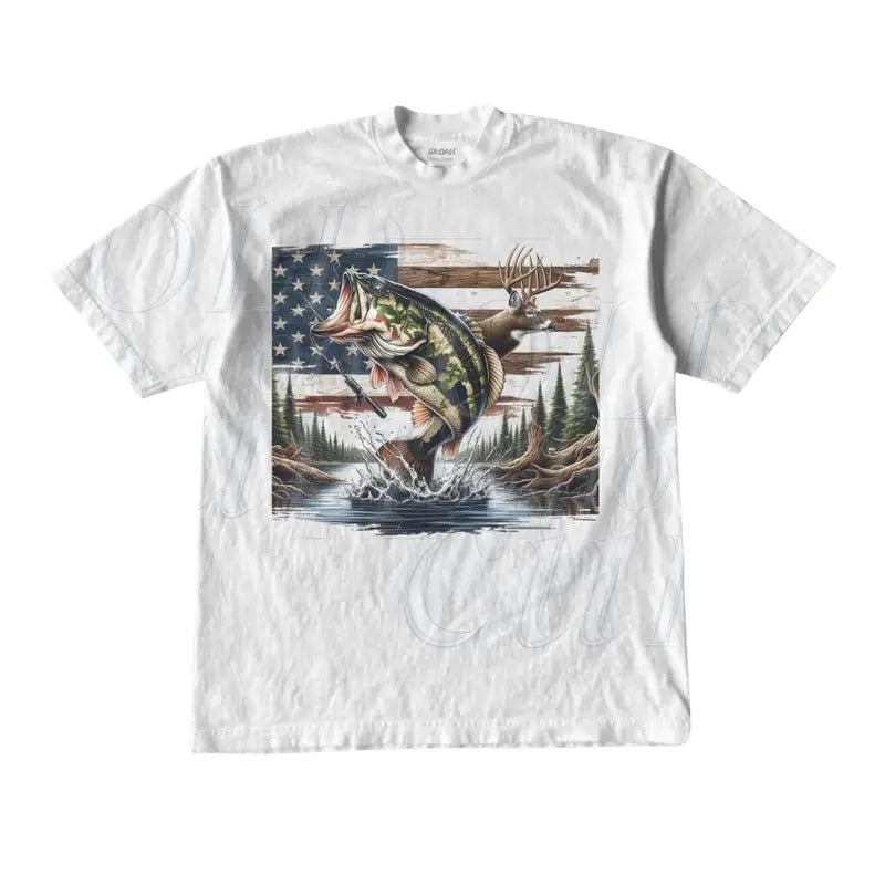 Vintage USA Bass Deer 90s Lovers Hunter Wildlife Fish - Adult & Kids T-Shirts, Sweatshirts & Hoodies apparel design preview 1