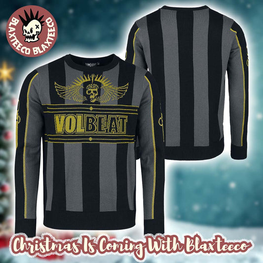 Volbeat Signature Big Logo Black And Grey Stripes Pattern Holiday Ugly Christmas Sweater - Holiday Gift product image