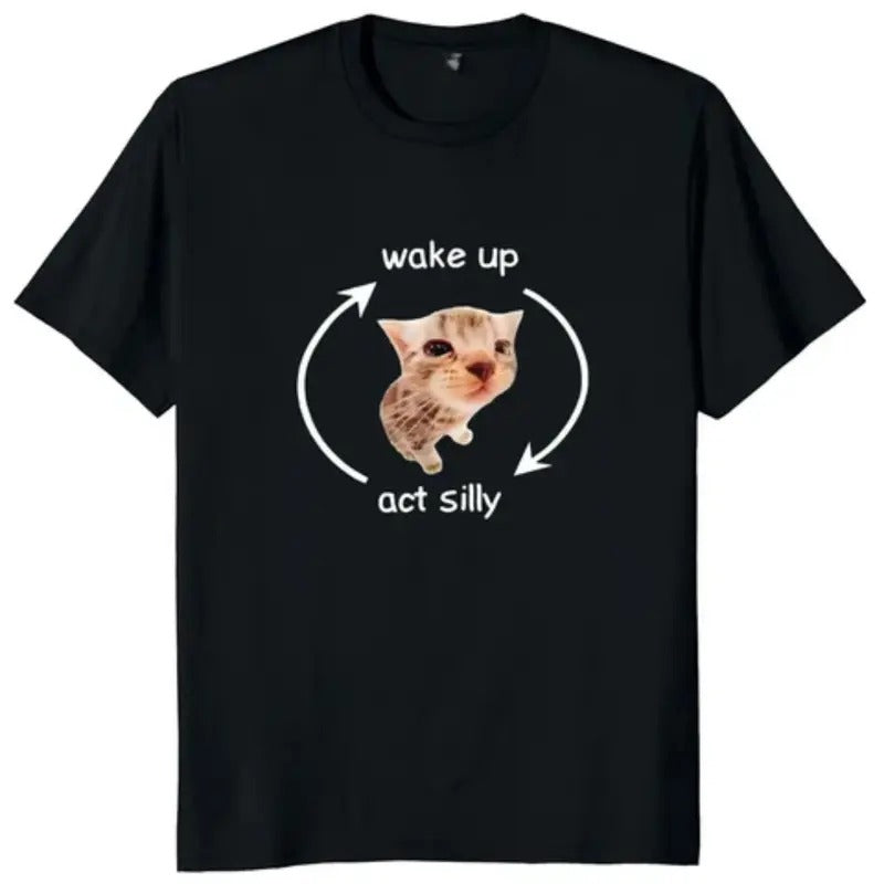 WAKE UP ACT SILLY Cat Cute Vintage 2000s Tops Fot Him - Adult & Kids T-Shirts, Sweatshirts & Hoodies apparel design preview 1