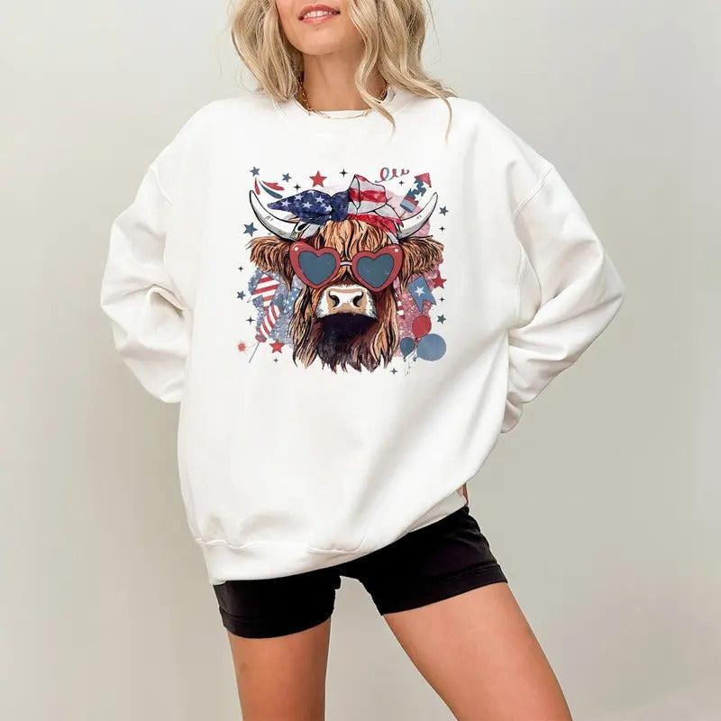 Western America Highland Cow 4th July American Flag - Adult & Kids T-Shirts, Sweatshirts & Hoodies apparel design preview 1