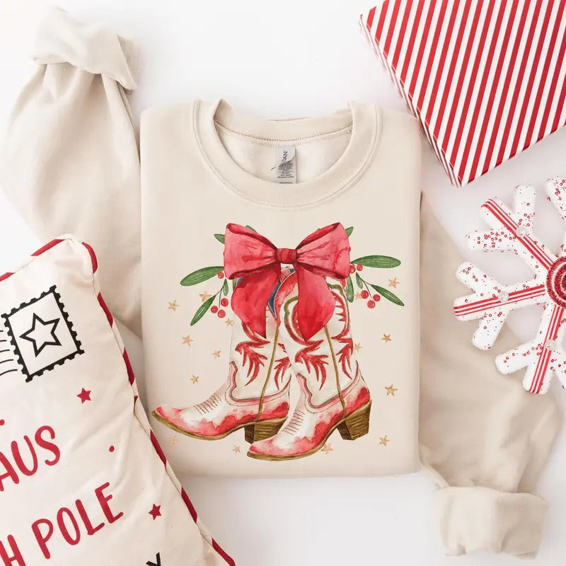 Western Cowboy Boots Retro Xmas Cowgirl Womenswear - Adult & Kids T-Shirts, Sweatshirts & Hoodies apparel design preview 1