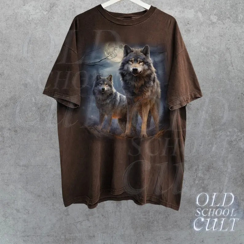 Wolf 90s Vintage Wolves Lovers Retro 2000s Nature - Adult & Kids T-Shirts, Sweatshirts & Hoodies apparel design preview 1