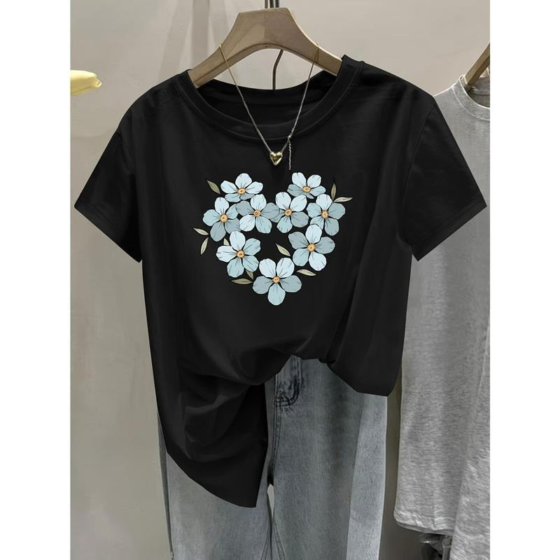Casual Black Floral Heart Print Soft Round Neck Short - Adult & Kids T-Shirts, Sweatshirts & Hoodies apparel design preview 1
