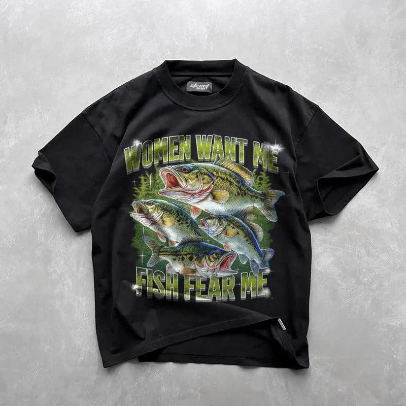 Want Me Fish Fear Vintage Retro Bass Fisher Meme - Adult & Kids T-Shirts, Sweatshirts & Hoodies apparel design preview 1