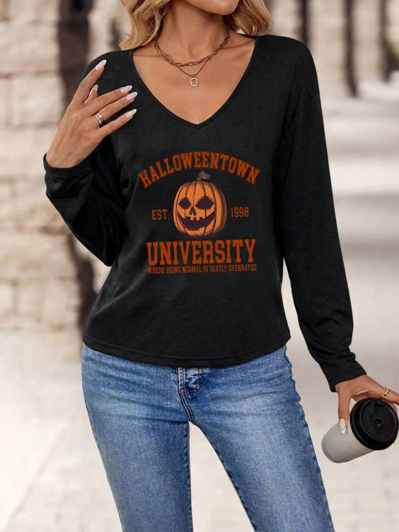 Pumpkin Letter Print V Neck Casual Spring Fall Top - Adult & Kids T-Shirts, Sweatshirts & Hoodies apparel design preview 1