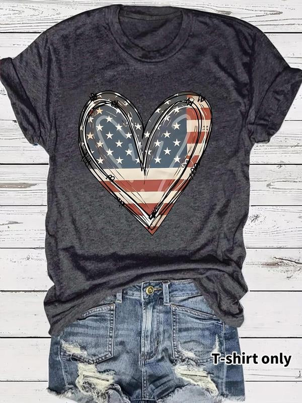 American Flag Heart Print Round Neck Casual Short - Adult & Kids T-Shirts, Sweatshirts & Hoodies apparel design preview 1